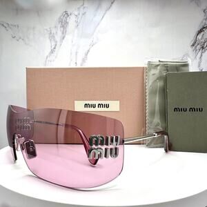 New MIU MIU Sunglasses Aube Silver Pink Mirror Rimless Wrap Authentic Womens